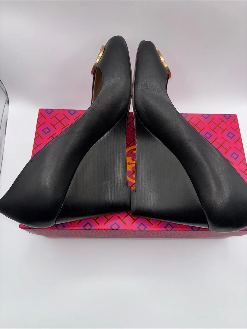 Tory Burch Black Leather Peep Toe Wedges with Gold Logo Medallion